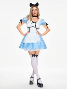 ROMWE Avant Trang phục hầu gái Alice ở xứ sở thần tiên dành cho nữ, váy ngắn tay bồng, nơ ruy băng, màu tương phản - Màu xanh lam - Xem 7