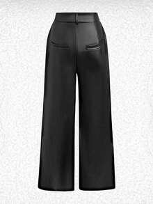 EMERY ROSE 2pcs Set: Ribbed Long Sleeve Jumpsuit And PU Leather Wide Leg Pants - Multicolor - View 3