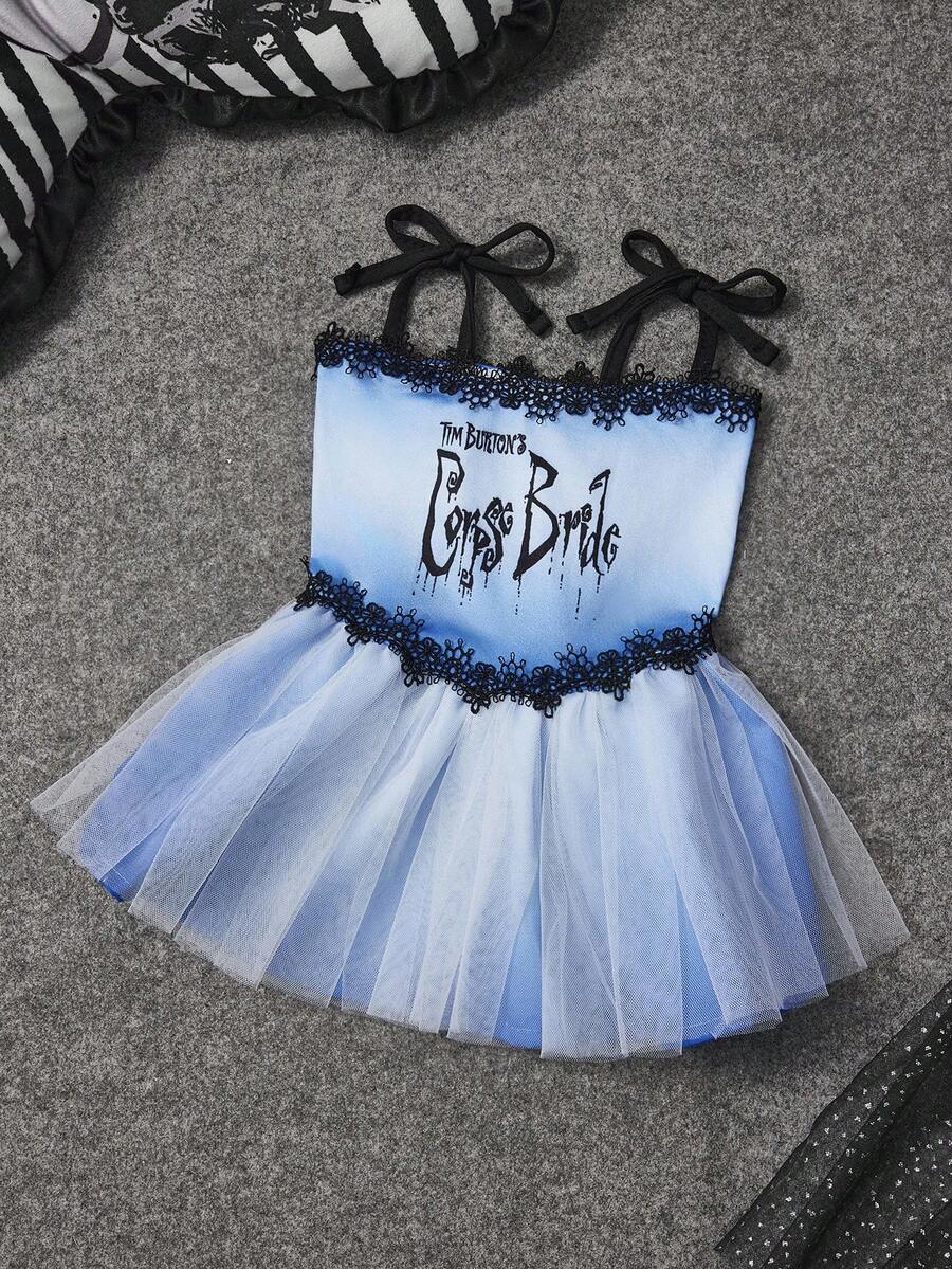 Corpse Bride X SHEIN 1 件字母图案角色扮演宠物裙、猫咪服装、狗狗服装,尺码 XXS-XXXXL,超小号、超大号,适合婚礼、哥特式、爱情、维多利亚时代 - 藍色 - 查看 1