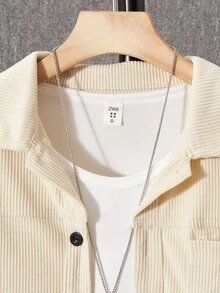 1pc Casual Corduroy Texture Varsity Collar Contrast Trim Pocket Design Shacket For Teenage Boys, Suitable For Leisure, School, And Outerwear Fall Winter