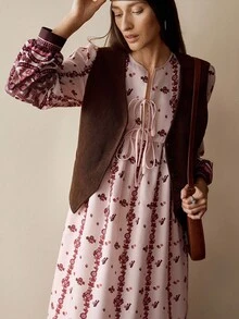 Florisole 女式碎花扭纹长袖休闲连衣裙 - 藕粉色 - 查看 4