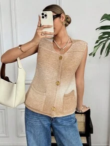 SHEIN Frenchy Women's White Autumn Casual Brunch Ombre Metal Single-Breasted Pocket Knit Sweater Vest,Gradient Coarse Sleeveless Cardigan,Retro Elegant Christmas - Multicolor - View 5