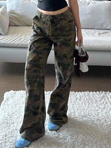 DAZY Quần Cargo ngụy trang cổ điển Mỹ, ống đứng rộng rãi, nhiều túi, quần jeans nữ, quần jeans nữ, quần jeans thường ngày, quần jeans nữ - xanh quân đội - Xem 5