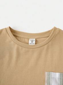 Joliand Joliand 1pc Tween Boy Pink And White Stripe Patchwork Beige Short Sleeve T-Shirt,Summer Casual School Urban Vacation Stylish Daily Wear Outing Travel Tee - Khaki - View 4