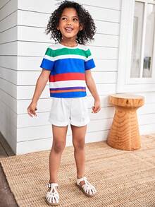 Joliand Joliand 2pcs Young Girl Elegant City Academic Colorful Striped Round Neck Short Sleeve T-Shirt And White Shorts Set,Summer Back To School Party Daily Wear - Multicolor - View 9