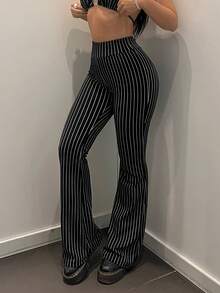 SHEIN ICON Striped Print Flare Leg Trousers - Black - View 5