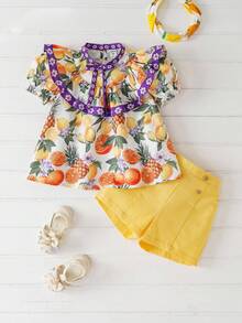 SHEIN 2pcs Young Girl Tropical Fruit Pattern Ruffle Collar Short Sleeve Top & Shorts Set,Elegant Summer,Matching,Family Vacation,Holiday Outfits For Party - Multicolor - View 2