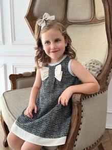 PrepCrw 1 pièce Robe décontractée élégante de style scolaire pour jeunes filles, style urbain, avec décorations de franges et nœuds blancs et noirs, sans manches. Convient pour les sorties, les rassemblements, la rentrée scolaire, l'automne/hiver - Noir et Blanc - Voir 1