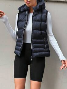 EURMUSE Zip Up Drawstring Hooded Puffer Vest Coat - Navy Blue - View 4