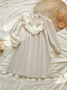 Vintaside Kids 女童秋季灯芯绒连衣裙，荷叶边领，花卉刺绣，时尚优雅，适合郊游、度假、旅行、露营、聚会、生日等场合 - 杏色 - 查看 3