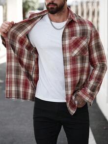 Manfinity Homme 男士休闲日常格子大衣，秋冬 - 紅色 - 查看 9