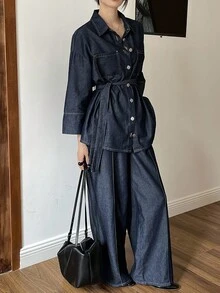Livesso Women's Cotton Turn-Down Collar Long Sleeve Navy Blue Button-Up Denim Shirt With Wide Leg Pants Outfit Autumn Everyday Casual Streetwear - Navy Blue - View 2
