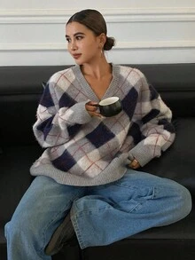 DAZY 复古撞色格子宽松V领长袖休闲街头风格女式毛衣，秋冬 - 灰色 - 查看 6