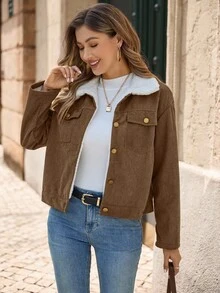 EMERY ROSE Chaqueta forrada térmicamente de bloque de color informal con cuello esponjoso, otoño/invierno - Marrón - Ver 1
