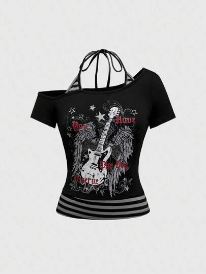 J-Fashion T-shirt femme 2 en 1 asymétrique avec épaule dénudée, imprimé de rayures colorées, de vignes et de pique. Style Gyaru, streetwear sexy Y2K, idéal pour l'été, les concerts, les festivals et la plage