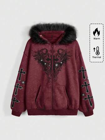 Fairycore Sudadera con capucha con mangas largas, hombros caídos, diseño de flor de lirio y cruz con rhinestone, efecto desgastado, para otoño/invierno, top de manga larga