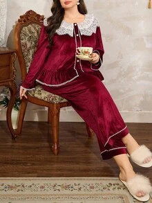Côtesoire Conjunto de pijama de manga larga con parches de encaje de color contrastante, elegante y de talla grande, ropa de otoño - Burdeos - Ver 1