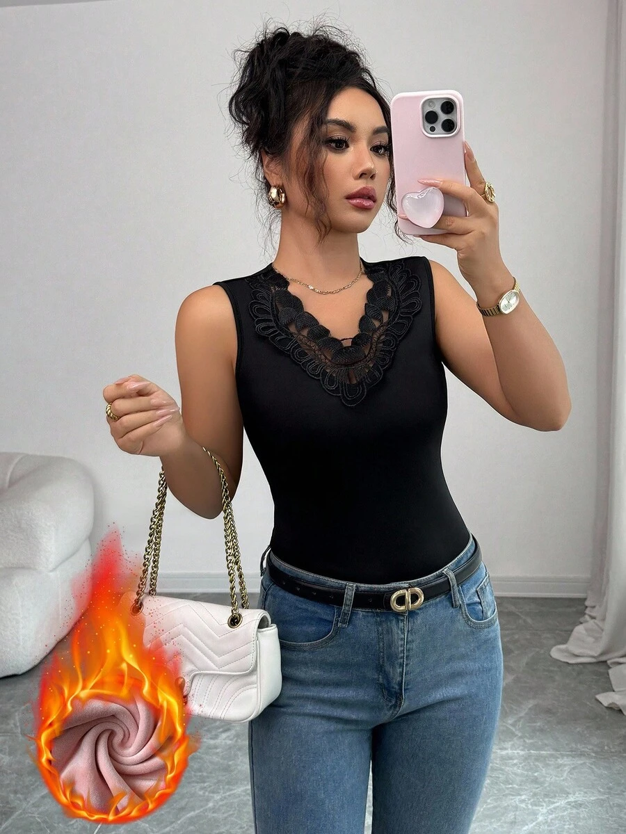 Elenzga Women's Elegant Thick V-Neck Contrast Color Lace Camisole, Casual Versatile Layering Piece For Daily Wear, Autumn/Winter - Black - View 1