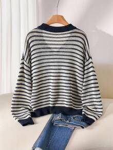 CosyJoli Plus Size Casual Polo Collar Striped Long Sleeve Pullover Sweater Women Pullover Collared Sweater Striped Sweater Women Striped Sweater In Fall/Winter