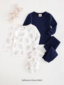 Cozy Pixies 4 pezzi Set pigiama aderente per bambino - Maglietta a girocollo a maniche lunghe e pantaloni lunghi in maglia morbida tinta unita, Maglietta a girocollo a maniche lunghe con stampa floreale e pantaloni lunghi in vita elastica