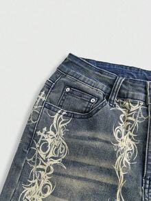 ROMWE Grunge Punk Blugi evazați cu imprimeu vintage spălat, mărime plus - Albastru - Vizualizare 3