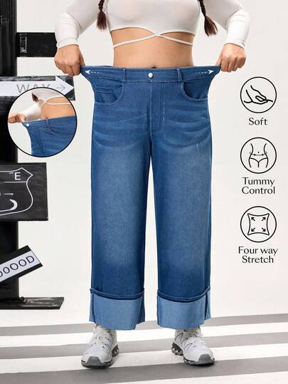 Flexra Plus Size Women High Street Sports Style Knit Denim Wide Leg Straight Pants