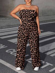Dripcurv Mono de punto con estampado de leopardo para mujer de talla grande, cómodo y casual para el verano - Marrón - Ver 5