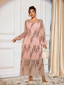 Cravure Plus Size Women's Round Neck Long Sleeve Pleated Sequin Pink Palace Style Elegant Party Maxi Dress, Autumn/Winter Fall Cloth For Women - Dusty Pink - View 1