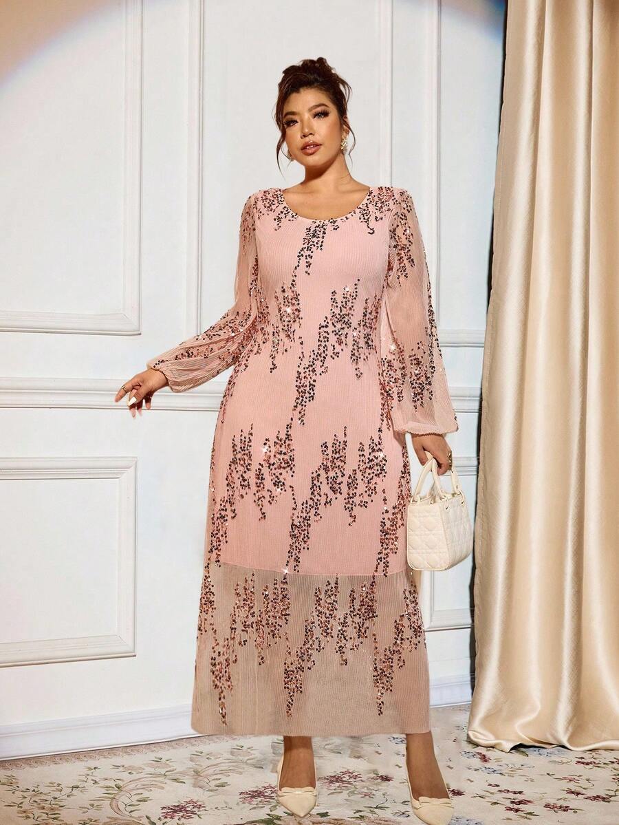 Cravure Plus Size Women's Round Neck Long Sleeve Pleated Sequin Pink Palace Style Elegant Party Maxi Dress, Autumn/Winter Fall Cloth For Women - Dusty Pink - View 1