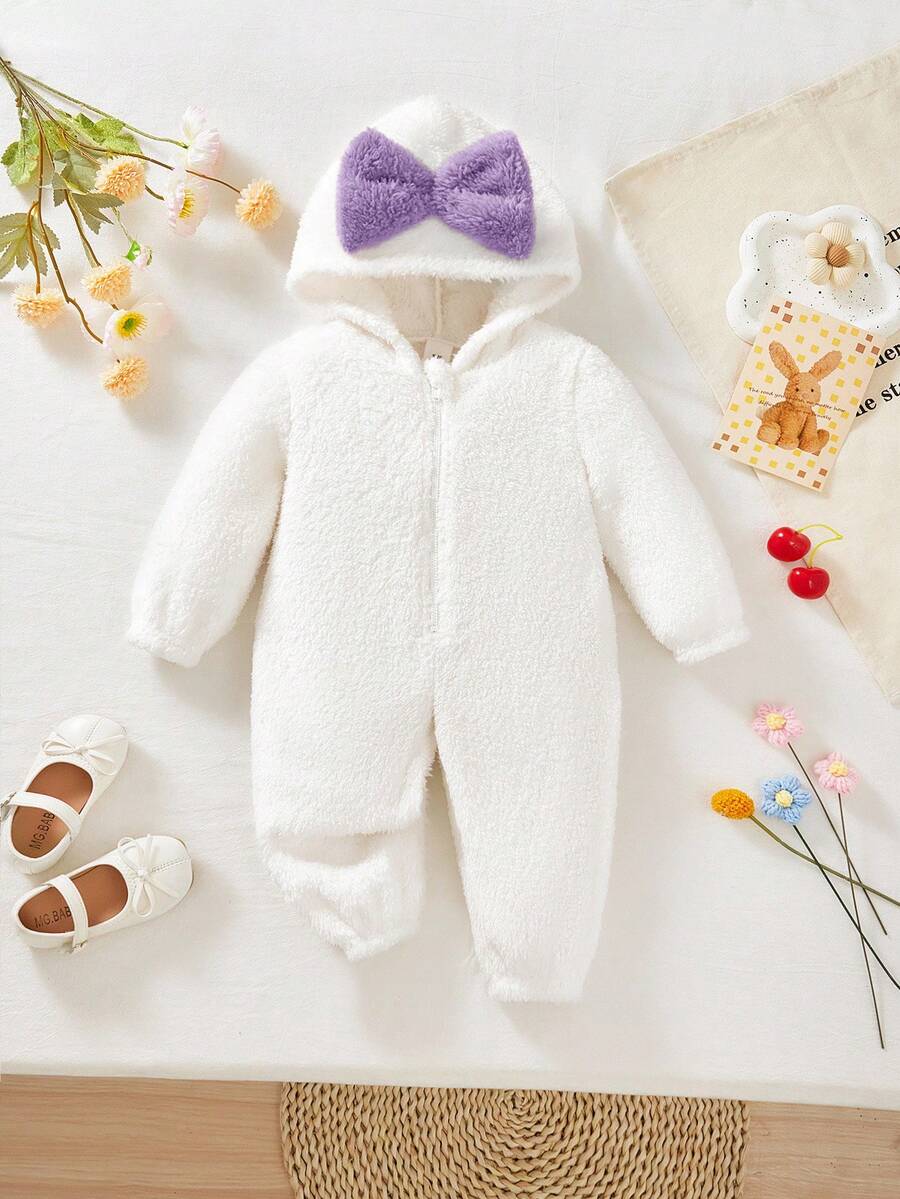新生女宝宝柔软蓬松连帽连体衣，秋冬季 - 彩色 - 查看 1