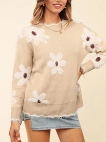 Áo len cổ tròn viền gợn sóng họa tiết hoa lãng mạn dành cho nữ, mùa thu/đông - Nhiều màu - Xem 4