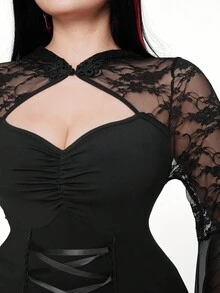 SHEIN Whyspr 休閒龐克大尺碼深色哥德風蕾絲拼接透視長袖洋裝 秋季 - 黑色 - 查看 6