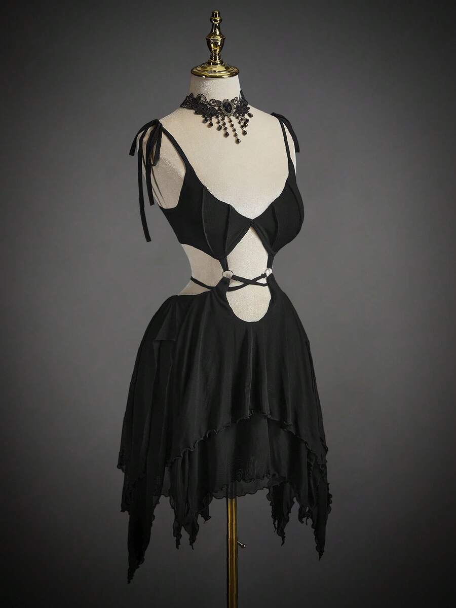 SHEIN ICON 女式性感万圣节吸血蝙蝠不对称下摆系带迷你连衣裙 - 黑色 - 查看 1