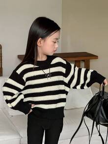 Dazy Kids Young Girls Crew Neck Striped Sweater, Fall Clothes - Black and White - View 5