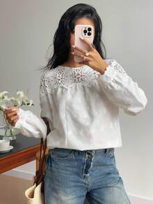 SHEIN Frenchy Women's Contrast Lace Round Neck Long Sleeve Blouse, Autumn,  Lace White Top,Hollow Embroidery Shirt,French Court Embroidery Patchwork Lace Shirt,Elegant French Office Shirt, White Western Top,Women's New 2025 Small Design Sense, Single Versatile Temperament, French Elegant, Delicate, French Style Dressing,Old Money,Simple, Office, Commuting, Elegant, Suitable For Daily Wear, Fall Clothes For Women,Autumn Outfits For Women, Clothes For New Year