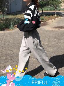 SHEIN X Care Bears FRIFUL Women's Loose Fit Polo Collar Letter Graphic Striped Long Sleeve Casual T-Shirt - Black and White - View 5