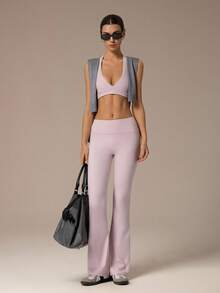 Hanevo Women's Summer Minimalist Sexy Solid Deep V-Neck Backless Cropped Halter Top And Flared Leggings 2 Pieces Set