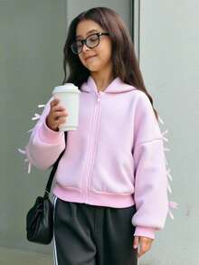SHEIN Tween Girl Society Summer Cropped Sweatshirt Ribbon Sleeves Embroidered Logo Zip Front Sweatshirt Bow Detail Autumn Winter Streetwear Casual Athleisure - Pink - View 1