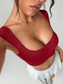 SHEIN Sovereign Charm Áo thể thao Yoga tay ngắn/Cổ tròn/Nhún phía trước/Thời trang/Chạy bộ thể dục/Yoga - Màu Đỏ Sâu - Xem 4