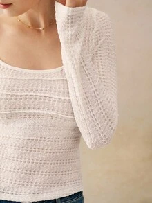 INAWLY Blusa de punto ajustada con espalda calada y lazo de mujer de unicolor - Blanco - Ver 4
