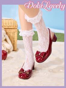 Dola Lovely Bombas de tacón grueso con punta redonda y aplicaciones de mariposa con rhinestones para mujer, adecuadas para Halloween y Navidad - Burdeos - Ver 3