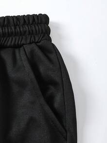 SHEIN 青少年女孩休闲运动裤，简约徽标图案，撞色口袋装饰，宽松阔腿针织慢跑裤秋冬款 - 黑色 - 查看 5