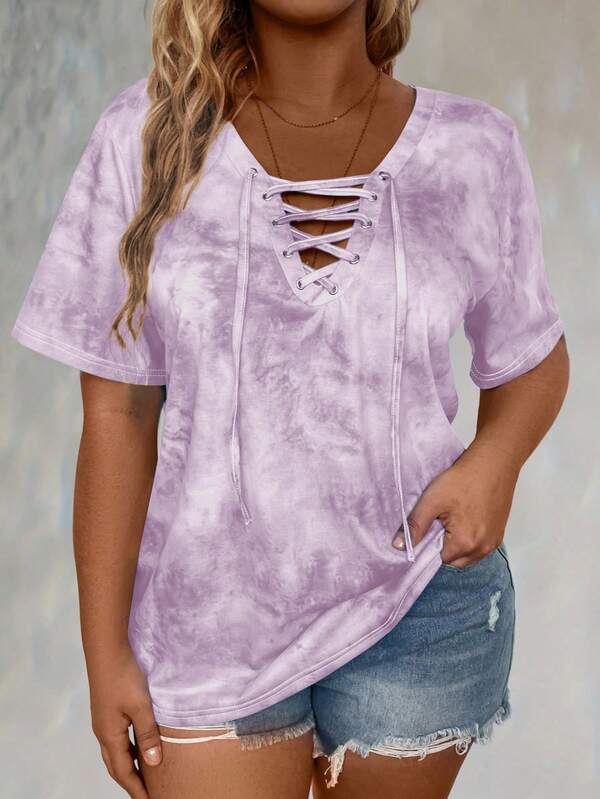 LONESS Camiseta de manga corta con estampado de teñido anudado talla grande