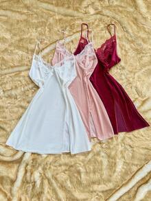 SilkySpell 3pcs/Set Women Sexy Deep V Camisole Nightgown, Embroidered Lace Velvet Mini Skirt, Burgundy, Pink, White Combination, Can Be Worn As Dress Lace Nightgown Lace Sleepwear Nightgowns Sleepwear Babydoll Nightgown - Multicolor - View 4