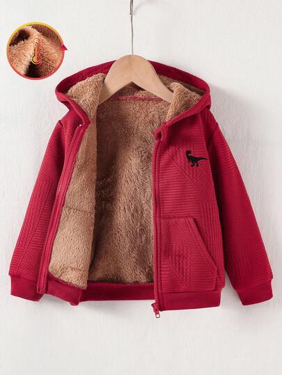 SHEIN Genkimix Kids Sudadera con capucha y cremallera de felpa con bordado de dinosaurio de tela floral geométrica informal para niño, cómoda y minimalista, para otoño/invierno