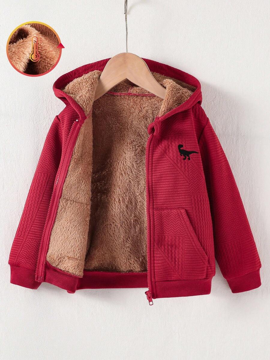 SHEIN Genkimix Kids 男童休闲几何花卉面料恐龙刺绣连帽拉链羊毛卫衣,舒适简约,秋冬 - 酒紅色 - 查看 1