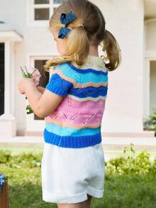Joliand Joliand Cute & Versatile Colorful Striped Short Sleeve Knit Sweater For Baby Girls ColorfulJoy,In Fall/Winter - Multicolor - View 4