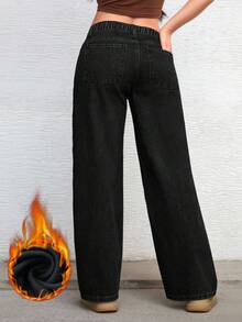 SHEIN Unity Plus Size Women's Fashionable Solid Color Straight Loose Y2K Distressed Baggy Jeans - Black - View 2