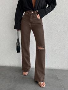 EURMUSE Women's Distressed Jeans - Brown - View 1