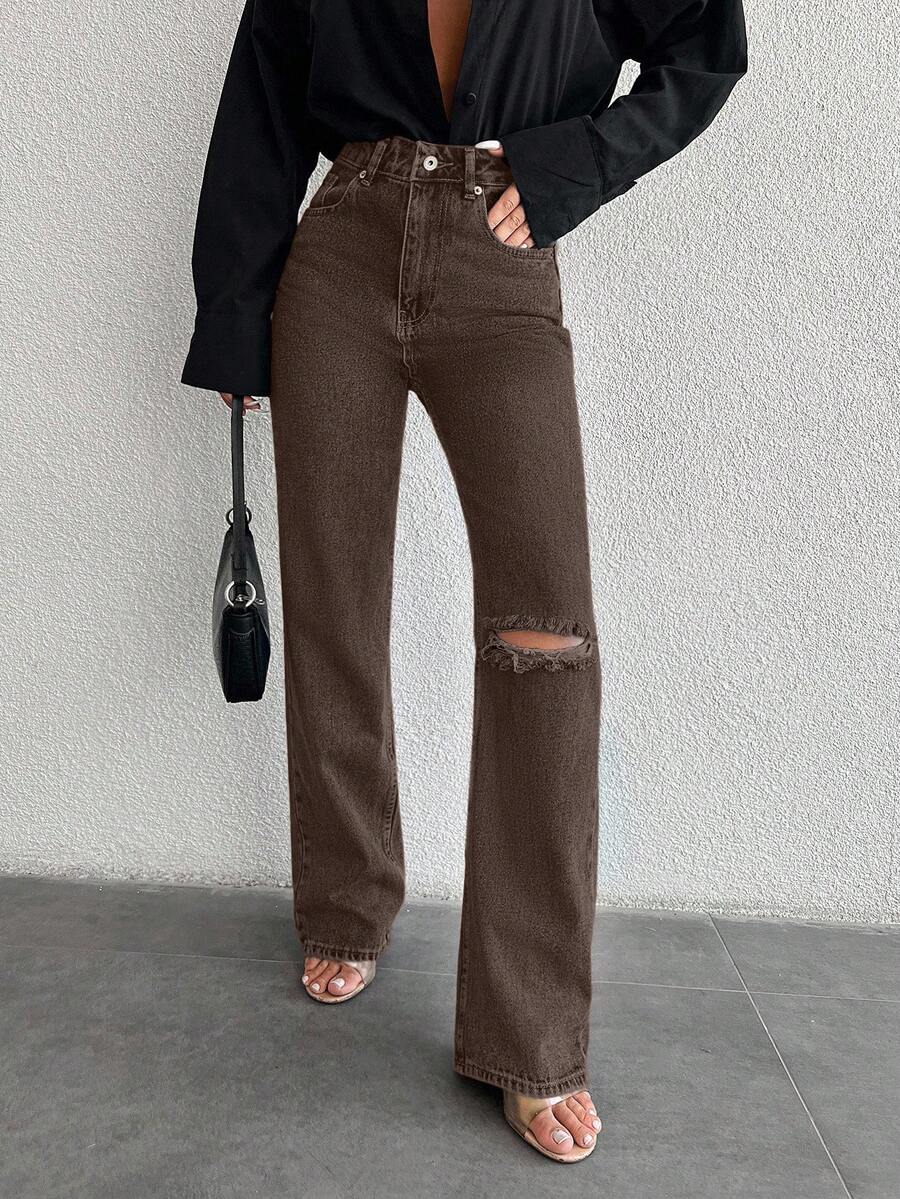 EURMUSE Women's Distressed Jeans - Brown - View 1